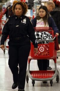 A woman pushing a shopping cart in the mall.